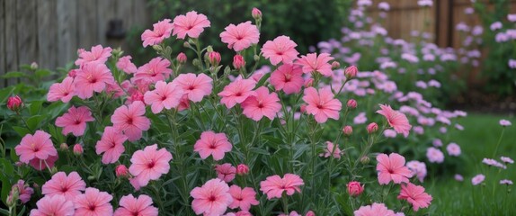 Fototapeta premium Pink flowering plants in a residential garden, softly lit with green grass and wooden fence in the background, displaying vibrant colors.