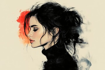 Fototapeta premium Artistic representation of a young woman in profile with expressive color splashes in the background capturing a contemplative mood