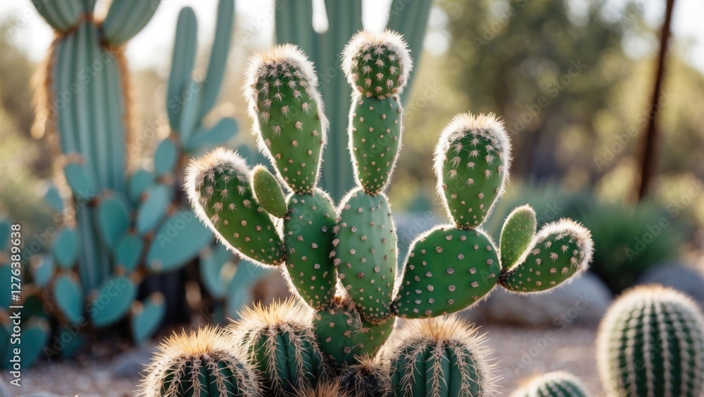 Poster cacti in a desert garden setting with various species displaying spines and pads under bright sunlig