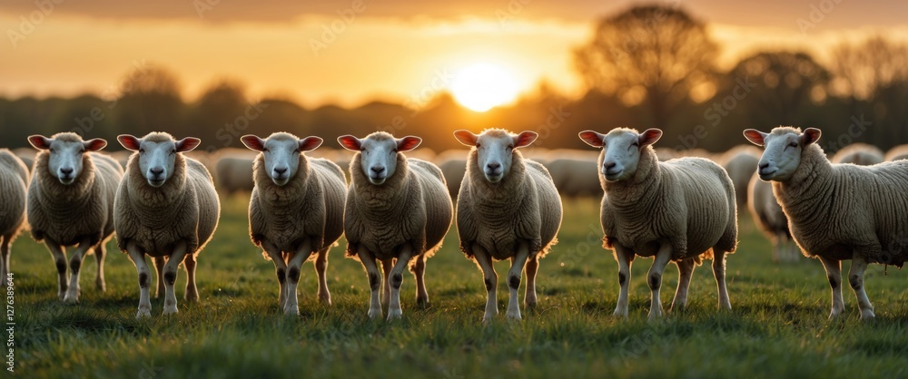Poster group of sheep standing in a row on a grassy field during sunset with warm lighting and blurred back