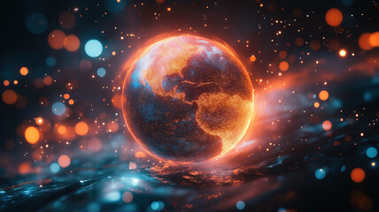Planet earth with city lights in background symbolizing global business politics and ecology
