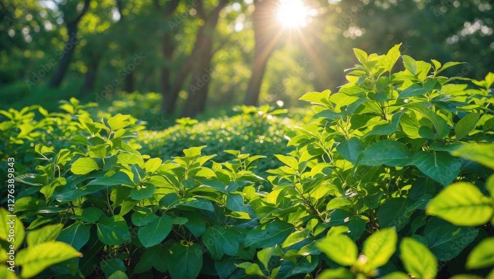 Poster sunlight illuminating vibrant green foliage in a lush forest setting with blurred background trees a