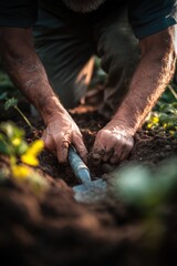 Closeup view of hands of gardener working in field planting flowers.