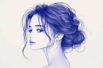 Naklejka premium Young woman with elegant updo hairstyle and captivating gaze in intricate blue line art style
