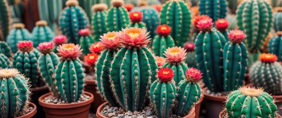 Naklejka premium Colorful cacti with vibrant flowers in pots in a greenhouse setting showcasing botanical diversity and lush greenery