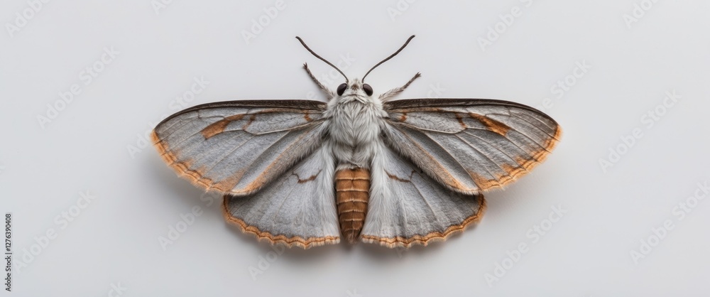 Poster detailed close-up of a moth displaying intricate wing patterns and textures on a neutral background.