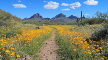 Naklejka premium Wildflower trail in Arizona mountains under a blue sky. Possible use Stock photo