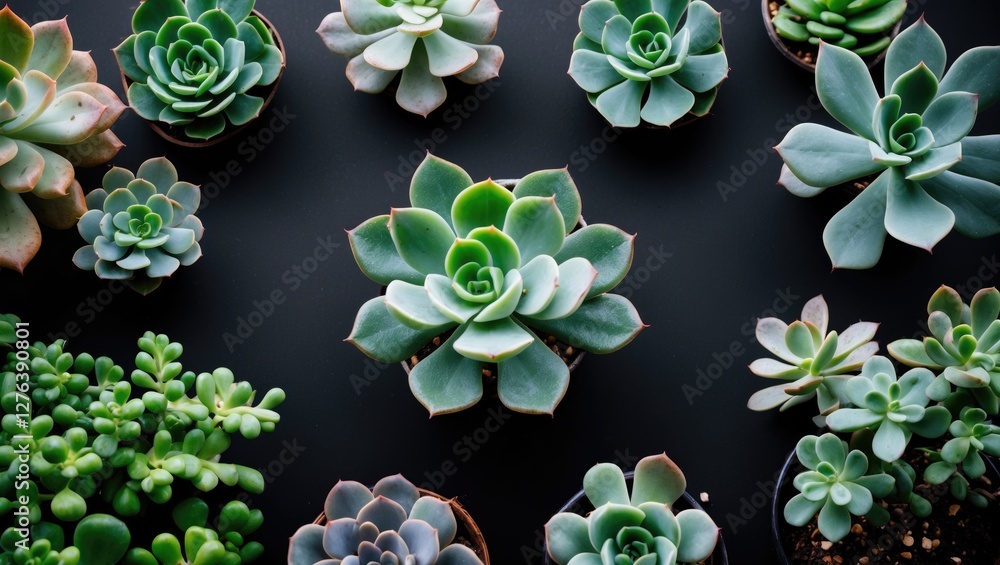 Aufkleber various succulent plants arranged on a dark background in small pots displaying different shapes and