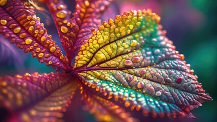 Close-up view of colorful leaves with water droplets reflecting vibrant hues and intricate textures in natural light.