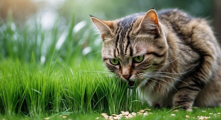 Tabby cat eating grass in a lush green garden with blurred background and scattered seeds on the ground