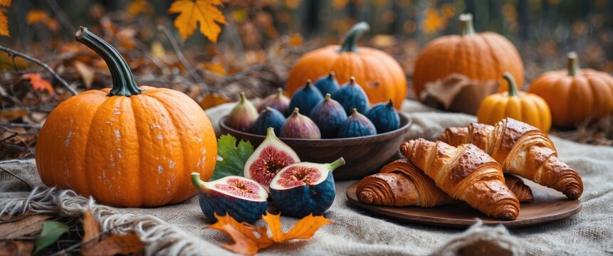 Autumn still life with pumpkins, figs, and croissants on burlap surrounded by fallen leaves in a forest setting
