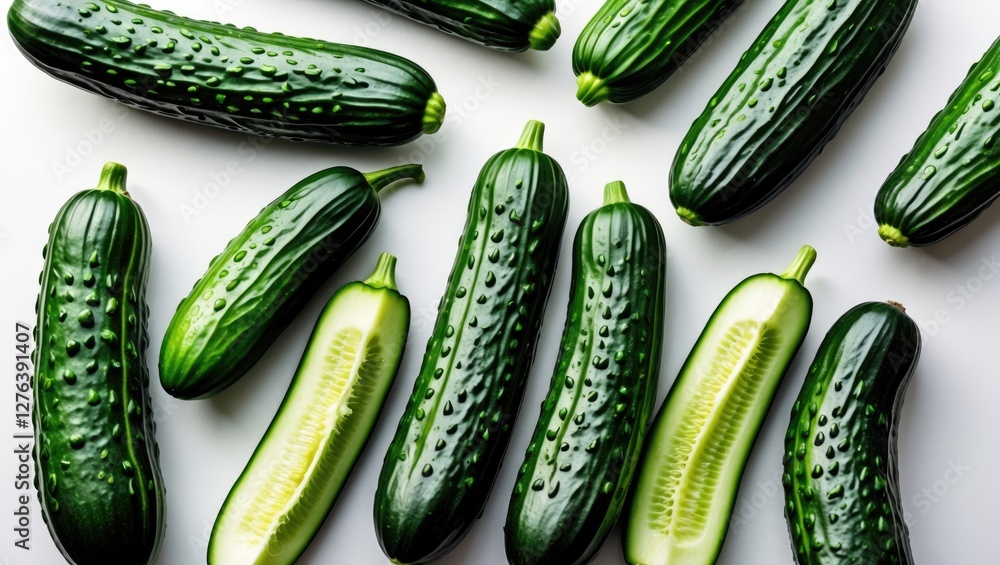 Poster fresh green cucumbers arranged on a white surface with some cut in half to show the inner texture an