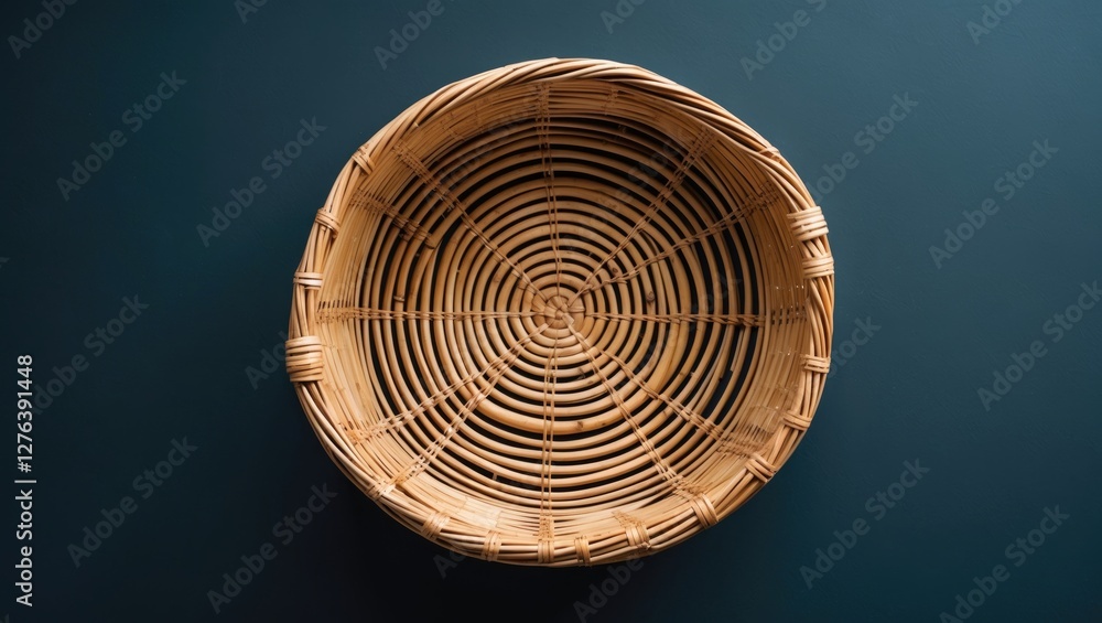 Poster woven rattan basket with circular pattern placed on a dark teal background top view rustic home deco