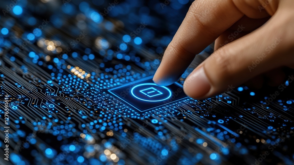 Poster close-up of a human finger pressing a glowing button on a circuit board, representing technology int