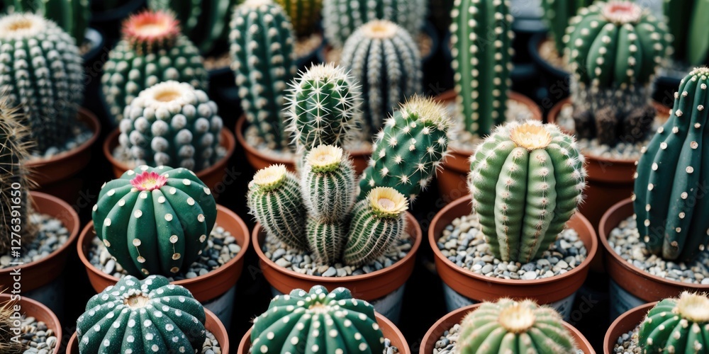 Poster variety of cacti in terra-cotta pots arranged neatly on display in a greenhouse setting with pebbles