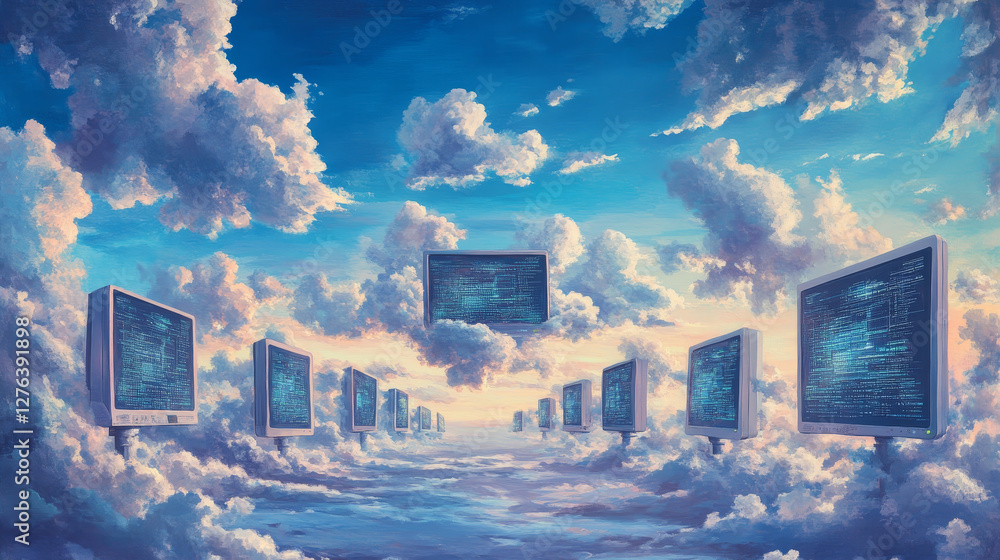 Poster thin lines connection icon outline of big data center group cloud computing system internet protecti