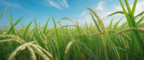 Green rice field with golden grains under a clear blue sky in a rural landscape setting during the daytime.