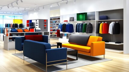 Modern retail space showcasing stylish furniture and apparel urban shopping district interior design contemporary environment wide angle view