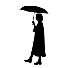 Vector silhouette of  a  woman with umbrella, profile, rain protection, standing people, black, isolated on a white background