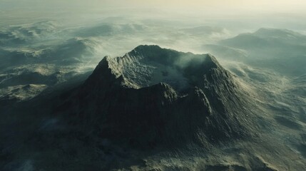 Aerial view of a volcanic crater on a desolate planet