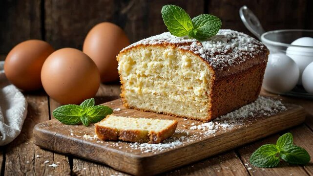 Video footage of freshly baked loaf cake dusted with powdered sugar, garnished with mint leaves, and accompanied by whole eggs on a wooden cutting board