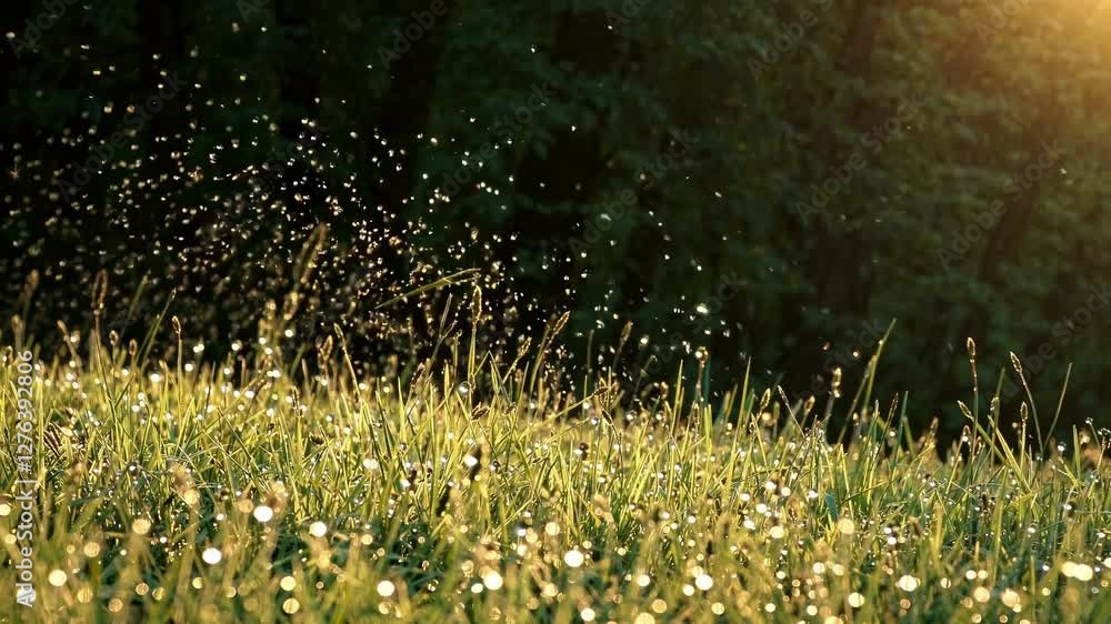 Poster a serene video captures a low-angle view of a sunlit meadow with tiny insects dancing in the air, cr