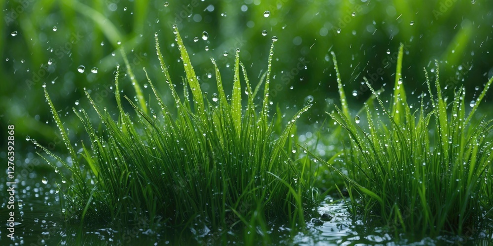 Poster fresh green grass in a wet environment with rain droplets creating a natural landscape scene in soft