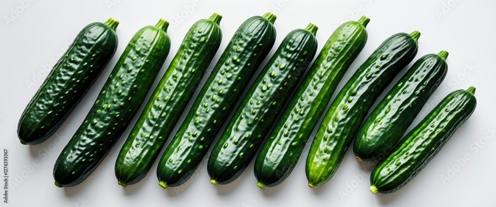 Poster fresh cucumbers arranged in a row on a white background showcasing their glossy green skin and uniqu