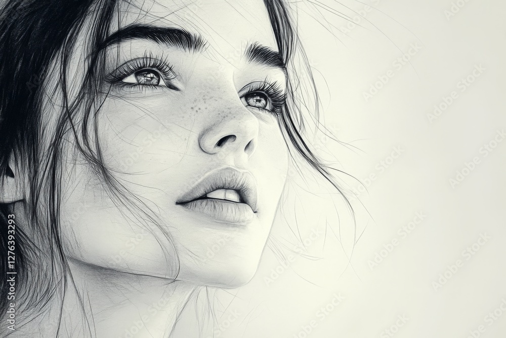 Poster captivating portrait of a girl with freckles and expressive eyes created with meticulous pencil deta