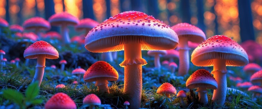 Colorful mushrooms in a lush forest during twilight with soft backlighting creating an enchanting atmosphere