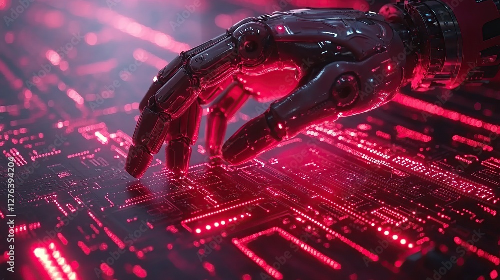 Poster robotic hand interacting with glowing circuit board in a futuristic digital environment