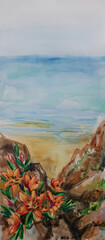 Wild flowers orange lilies in high mountain above the sea. Watercolor vertical marine landscape with space for text.