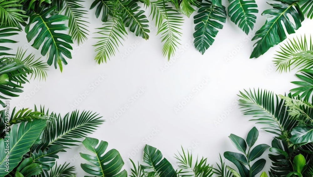 Poster green tropical leaves arranged in a border on a white background creating a natural frame for text o