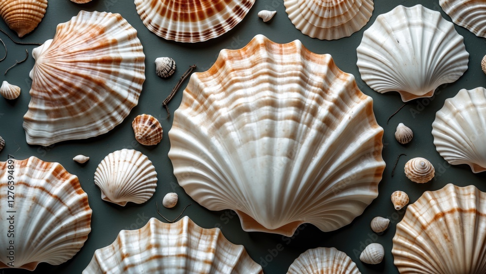 Poster collection of various seashells displayed on a flat surface with different sizes, shapes, and textur