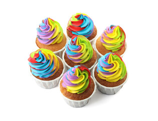 Tasty cupcakes with colorful cream isolated on white
