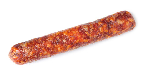 Delicious dry cured sausage isolated on white, top view