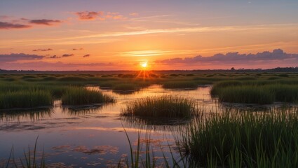 Obraz premium Sunset over a marsh landscape with reflections on water and tall grass in foreground under a colorful sky