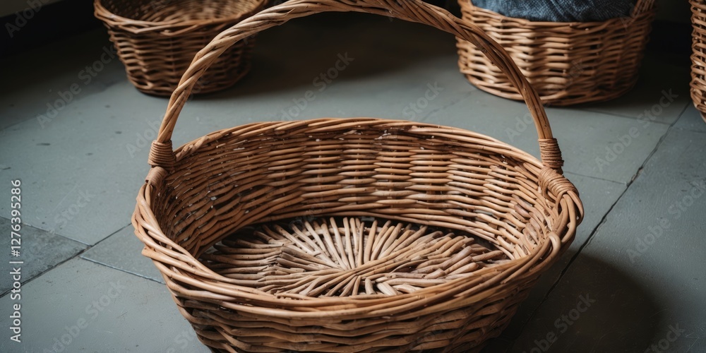 Poster woven basket with handle placed on a tiled surface with similar baskets in the background