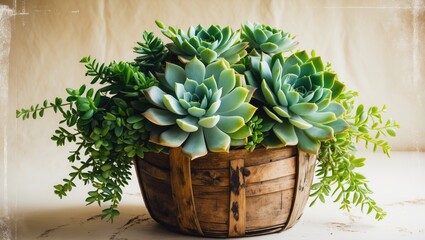 Succulent plants arrangement in a wooden basket with green foliage on a neutral background