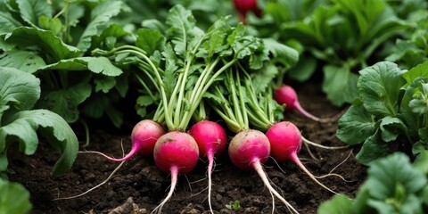 Freshly harvested radishes with green leafy tops nestled in fertile soil, surrounded by leafy plants in a garden setting.