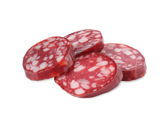 Pieces of delicious dry cured sausage isolated on white