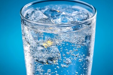 Refreshing glass of sparkling water with ice cubes against a blue background in bright lighting