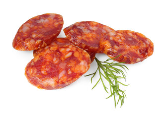 Pieces of delicious dry cured sausage and dill isolated on white