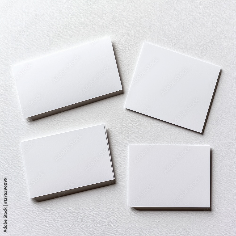 Poster four blank white business cards arranged on a textured white surface, creating a clean and minimalis
