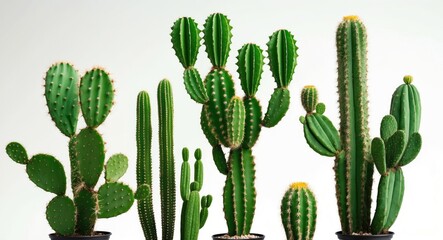 Assorted varieties of cacti in decorative pots against a neutral background showcasing their unique shapes and textures