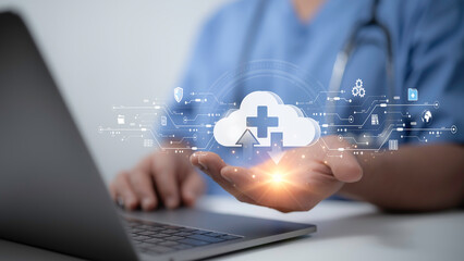 Medical cloud technology concept with doctor using laptop. Digital healthcare data storage and online network system. Suitable for health tech, telemedicine and data management visuals