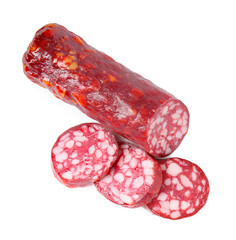 Delicious dry cured sausage isolated on white, top view