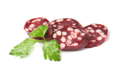 Pieces of delicious dry cured sausage and parsley isolated on white