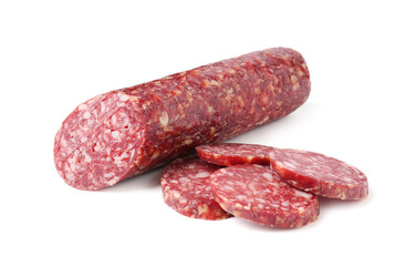Delicious dry cured sausage isolated on white