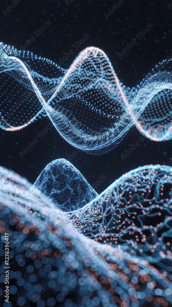 Poster a dynamic and artistic representation of glowing data waves, symbolizing the concept of digital info